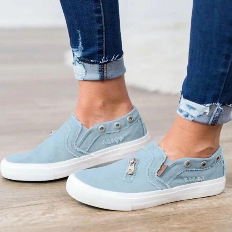 

Spring 2019 loafers Large size shoes women canvas denim zipper flat lazy casual shoes soft comfortable female sneakers