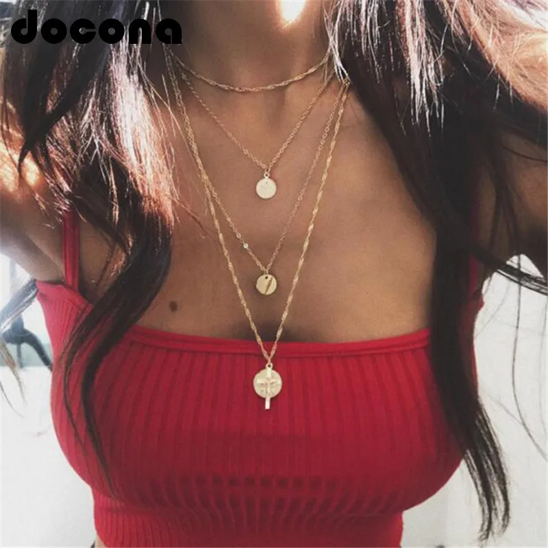 

docona Boho Gold Color Cross Coin Pendant Necklace for Women Alloy Multi-layer Charms Necklace Party Jewelry Collars 6544