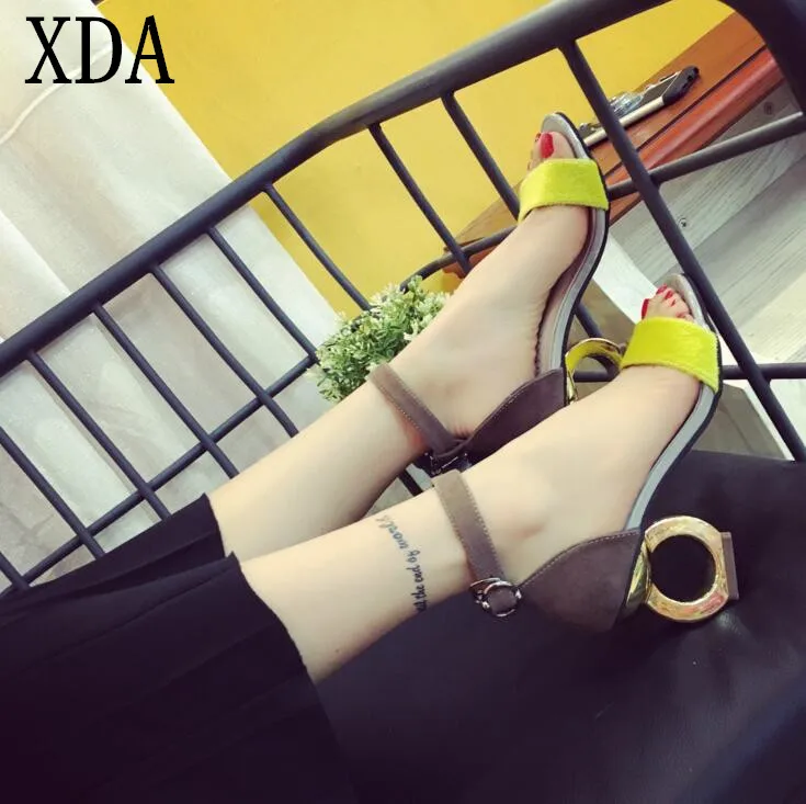 

XDA Leopard Fashion Brands Sandals Horse Hair Strange Style Buckle Strap Party Pumps Yellow Sexy Ankle Strap Woman Shoes