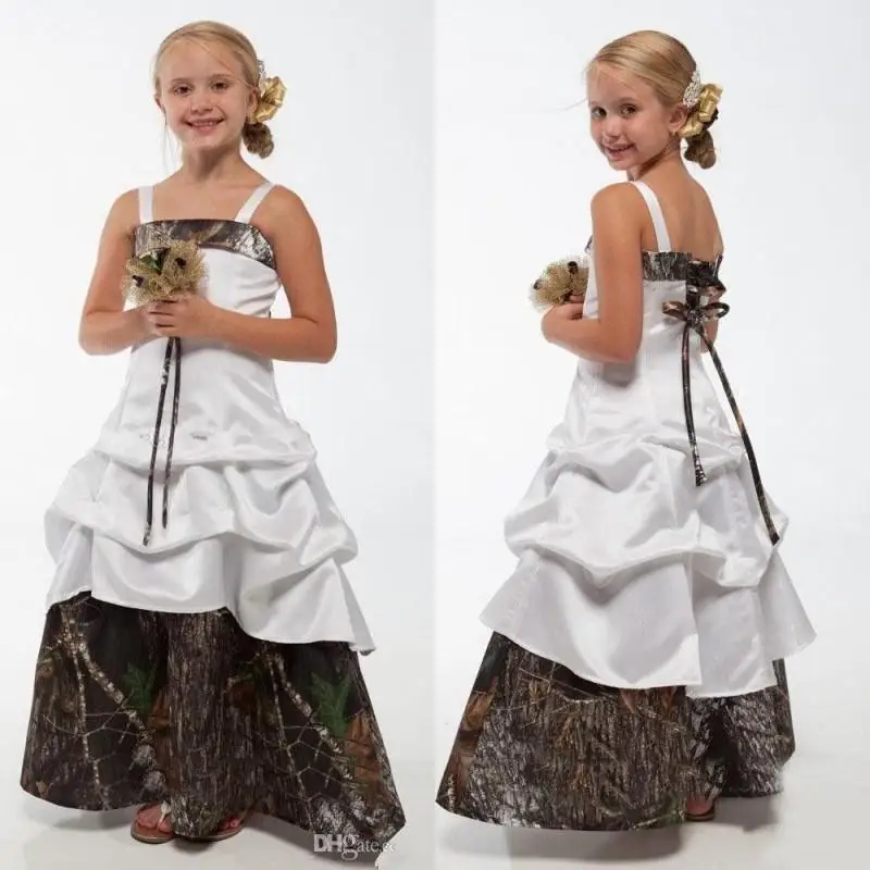 

New Camo Flower Girl Dresses White And Camouflage Lace Up Graduation Gowns Children A Line Long Wedding Kids Gowns For Party