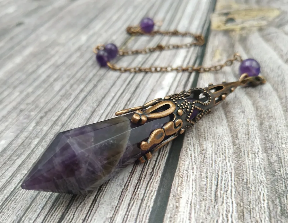 

YA3979 Antique Bronze Cap Amethysts Stone Point Healing Pendulum Chain