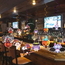 6pcs Door Window Cute Cartoon Pumpkin Bat Ghost Owl Cat Witch Tag Home Bar Spiral Ornaments Halloween Hanging Signs Decoration halloween cartoon doll pumpkin witch cat party ideal decoration for club bar shop home showcase bar table shelf holiday decor