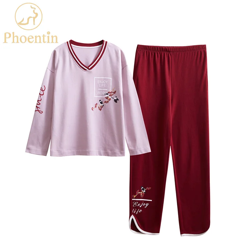 

Pyjama animal femme 2019 birds printing pyjamas set cotton plus size loungewear girl women pajama sets with pants PHOENTIN FG002
