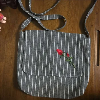 

YILEHandmade Stripe Cotton Linen Flap Messenger Bag Embroider Flower Applique Black