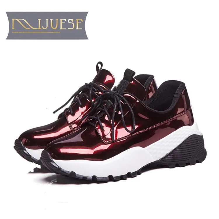 

MLJUESE 2018 women flats cow leather patent leather flat platform loafers casual shoes creeper shoes sport sneakers size 34-41