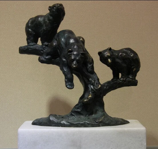 

bi002432 Art Figurine Pure Bronze Copper Three Bear Artwork Marble Base Sculpture Statue