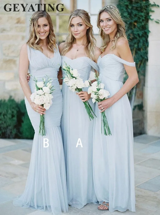 Elegant Off the Shoulder Light Blue Chiffon Bridesmaid Dress 2019 Long