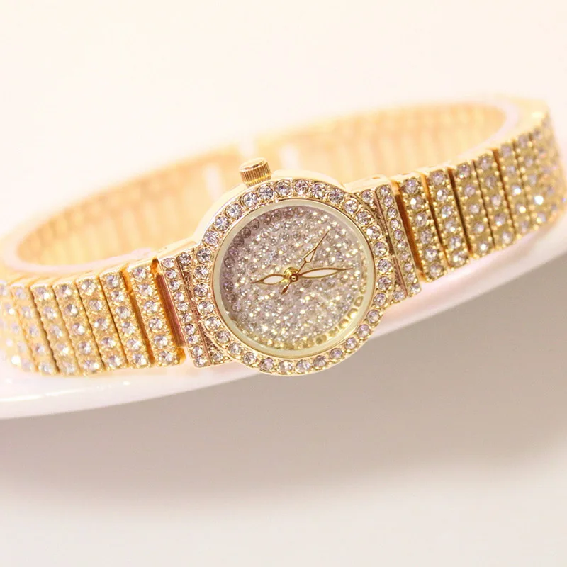 Роскошные женские часы со стразами, известный бренд, элегантное платье, кварцевые часы, женские наручные часы со стразами, Relogios Femininos - Цвет: Золотой