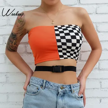 

Weekeep Women Patchwork Tube Top Streetwear Hollow Out Adjustabe Waist Bandeau Top Checkerboard Cropped Strapless Tube Tops