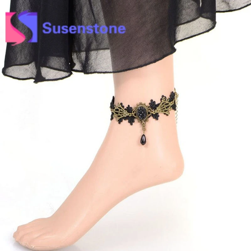 Women Summer Style Charming Pendant Gothic Black Lace Anklet Ankle