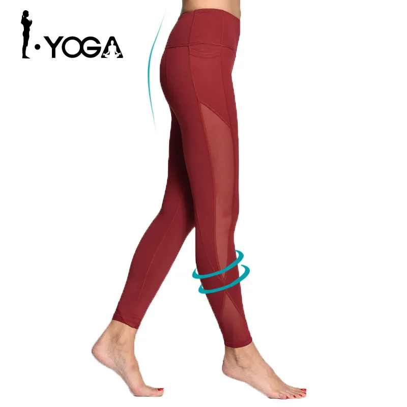 Kopen Vrouwen Yoga Compressie Broek Mesh Leggings Broek Elastische Panty Sexy Yoga Capri met Pocket voor Workout Gym Jogging KE 09