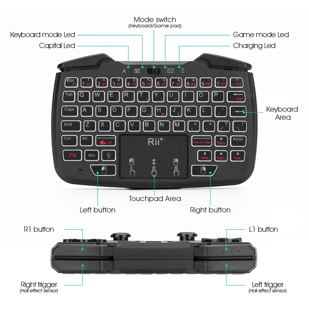 Rii RK707 2,4 ГГц Беспроводная клавиатура Игровой контроллер мыши комбо с сенсорной панелью с белой подсветкой Функция турбо вибрации для PS3 tv Box