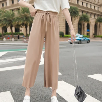 

Women Summer ice Thin Knit Wide Leg Loose Pants Ankle Length Pants Casual trouser Elastic Waist Plus Size Pants S-XL G424