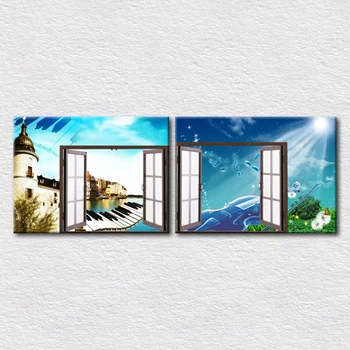 

Printed Designs pictures music world out of the window home decor fashion art painting wall pictures 2pcs set for living room