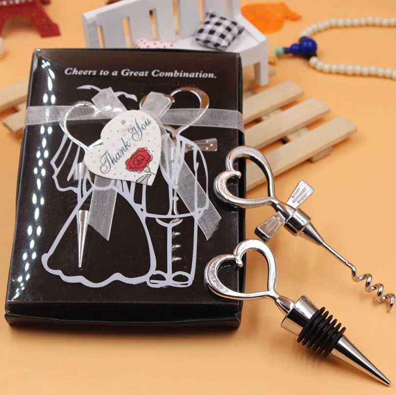 

10pcs/lot Love Heart Corkscrew Wine Bottle Opener + Wine Stopper Wedding Gift Favors Bottle Opener Set Wedding Decor