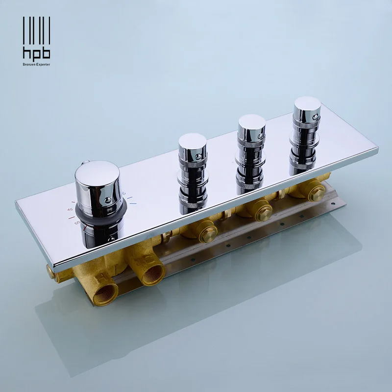 HPB wall mounted led 3 colors 3way rainfall waterfall shower faucets sets with thermostatic 3 function mixing valve 014-50x36P-N