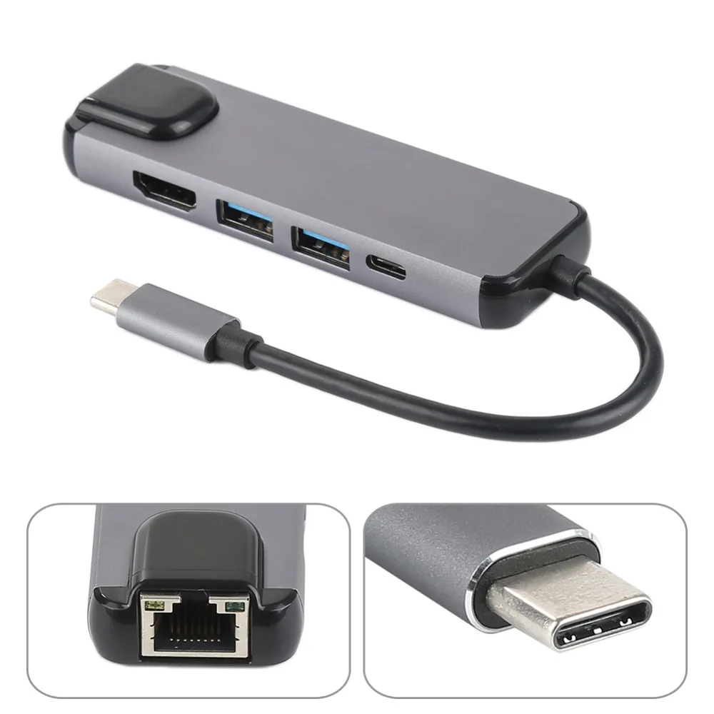 

5 in 1 USB 3.1Type C Hub with HDMI 4K HD 1000M Rj45 Lan Adapter Hub PD Charging Adapter for Macbook Pro
