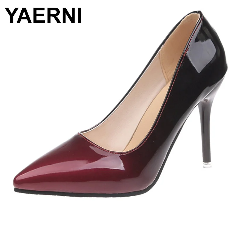 

YAERNI 2019 Pointed Toe Women Thin Heel Shoes 10cm Heels Pointed Toe Patent Leather Wedding Party Shoes Woman Big Size 48E890