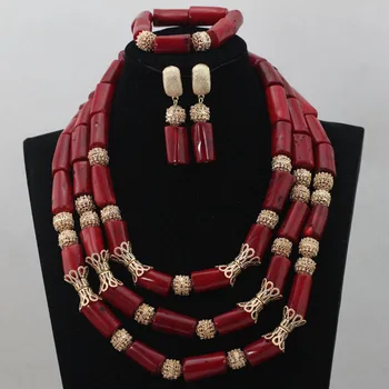

Luxury Red African Wedding Coral Bridal Beads Statement Necklace Set New Tube Beads Coral Jewelry Free Ship CNR579