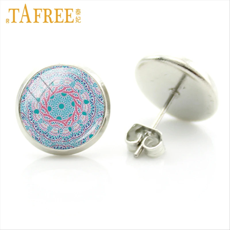 

TAFREE Blue Mandala Earrings 2017 fashion stud earring Rhodium Plated art picture glass send for mother women jewlery A380