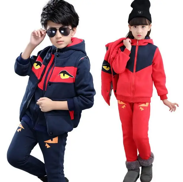 

New fashion children girl winter active clothes suit kids Sports warm Plus thick velvet three-piece children set
