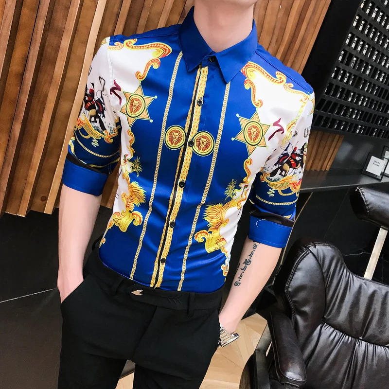 High Quality Fashion Summer Slim Fit Dress Shirts Male Half Sleeve Print Hairstylist Work Shirt Man New Pattern Tuxedo Shirt Men