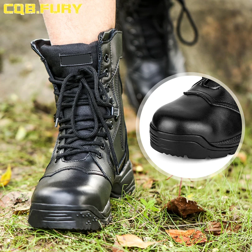 CQB.FURY Genuine leather autumn military special forces tactical boots Cow leather black combat army ankle boot with zipper ZD99