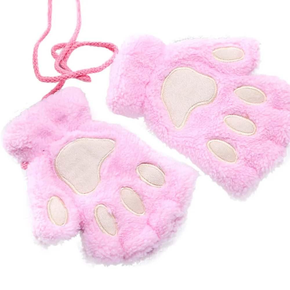 Зимние теплые милые женские медведи кошачья лапа с когтями рукавицы плюшевые перчатки плюс бархат утолщение половина пальца флип держать тепло девушки перчатки# YL5 - Цвет: Pink