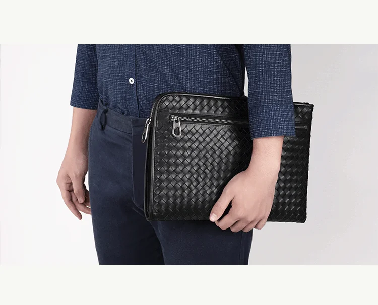 

2019 High quality Hand bag men large capacity folder business handbag cowhide woven Business Large Purses men's clutch bag