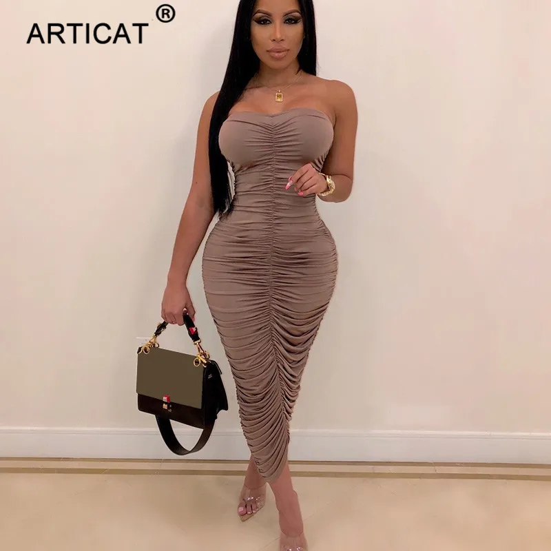 

Articat Strapless Pleated Sexy Bandage Dress Women Skinny Slim Elastic Bodycon Dress Stretchy Backless Wrap Long Dress Vestidos