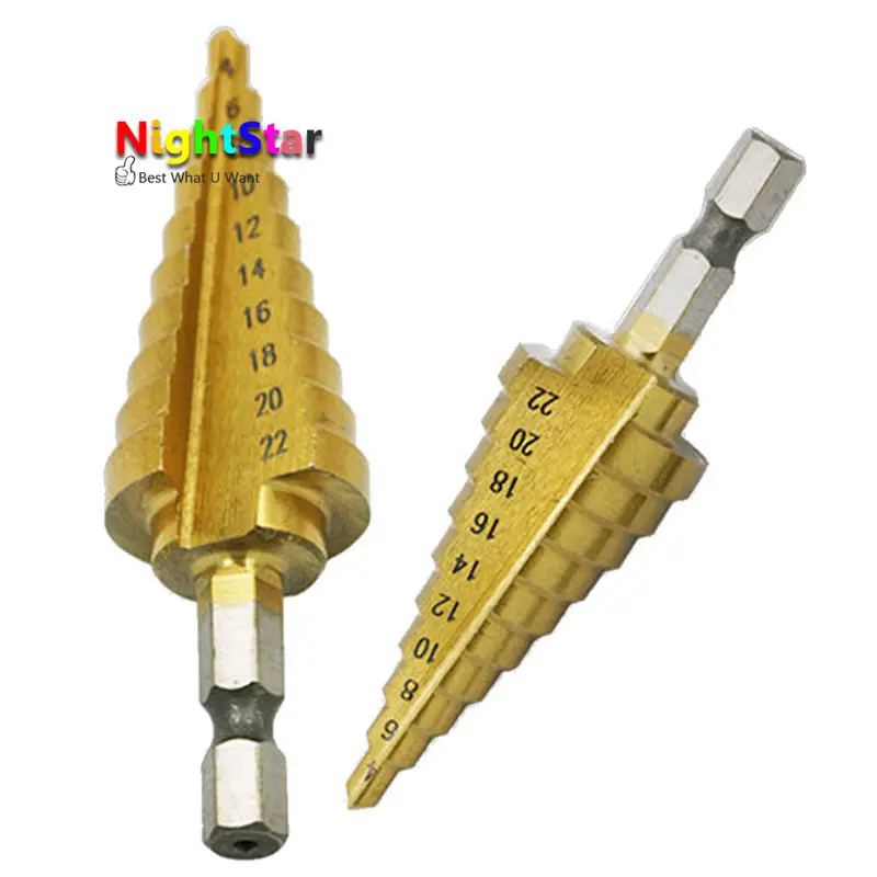 

Hex Titanium Coated Step Cone Drill Bit Hole Metal Wood Cutter 4-22mm HSS Tool