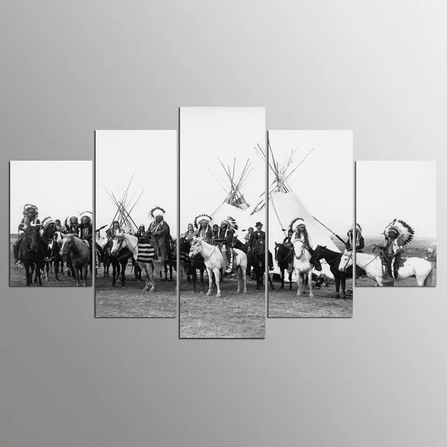 5 panel Modern native americans black and white hd Art print canvas art wall framed paintings for living room ny-1094
