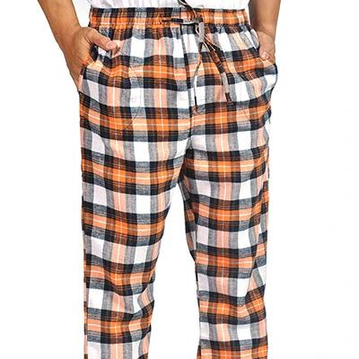 ProTouch Mens Super Soft Flannel Plaid Pajama Elastic Drawstring Orange White