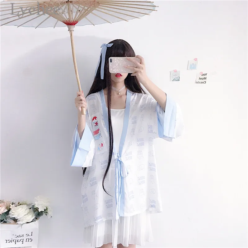 Lychee Harajuku Koinobori мороженое Принт женское кимоно кардиган блузка летняя на шнуровке