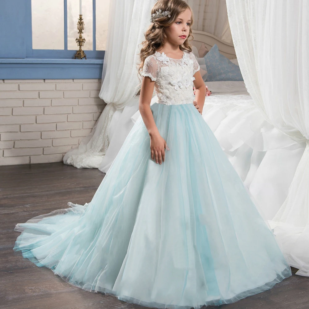 

Elegant Wedding Dress for Girls Clothing Lace Appliques Flower Girl Tulle Teenager Ceremony Graduation Evening Event Prom Gown