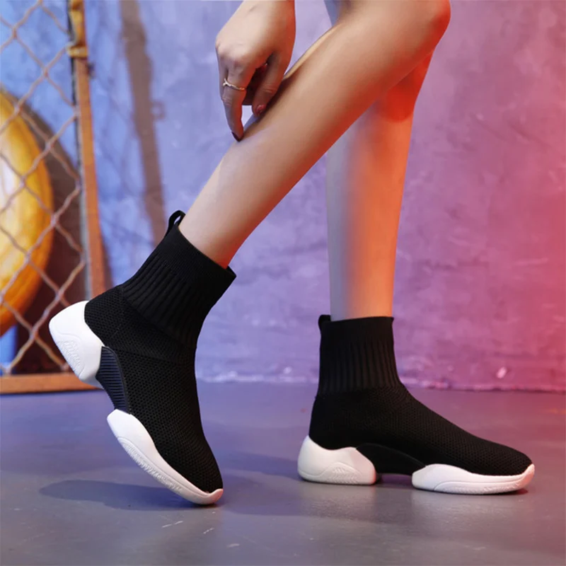 

Women Knitted Flats Ankle Boots Platform Ladies Sock Shoes Breathable Soft Casual Comfortable Autumn New Female Sneakers 2019