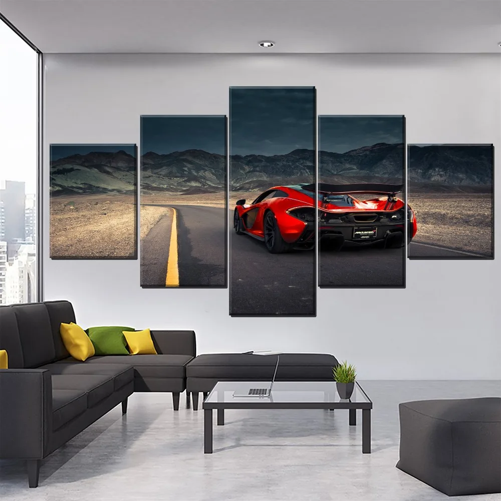 

Modern Canvas HD Prints 5 Pieces Mountain L andscape McLaren Red Sport Car Pictures For Living Room Home Decorative Artwork