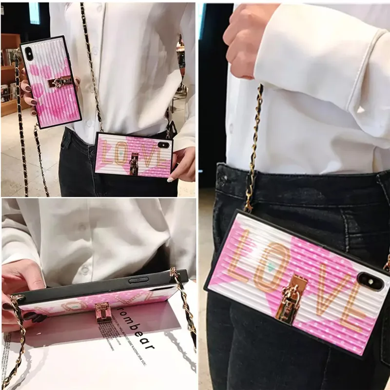 

case for iphone XS MAX XR X 6 6S 7 8 plus case cover Luxury fashion pink Cherry blossoms with long chain silicon+pc phone bag