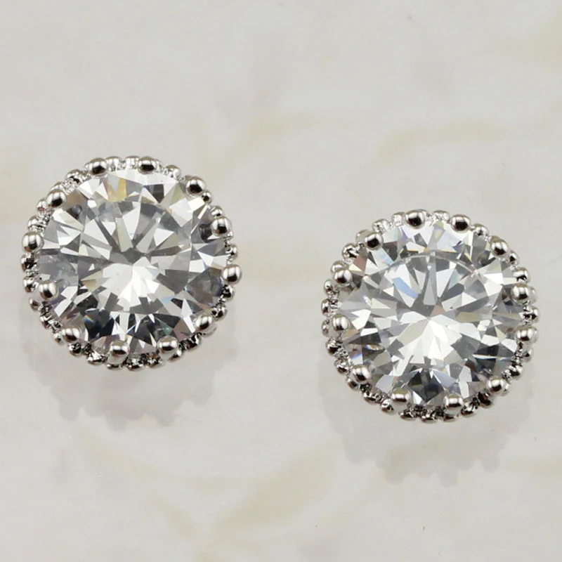 Amazing Grace Nice White Round CZ Gems Stud Earrings Rhodium Plated