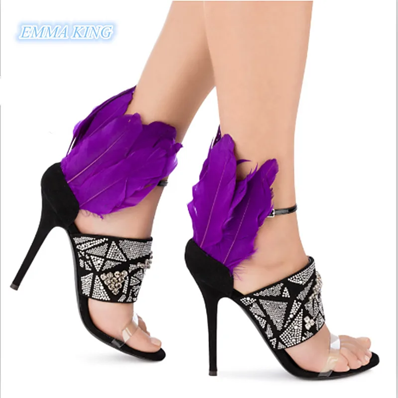 

Purple Feather Designer Women Rhinestones Studded Sandals Thin High Heels Ankle Buckle Open Toe High Heels Ladies Party Shoes