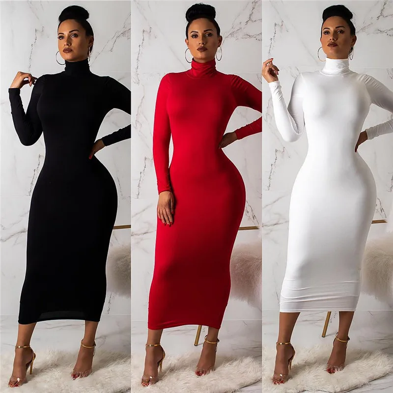

Women Dress New Sexy High-collar Zipper Long Sleeve Bodycon Robes Elastic Slim Elegant Solid Tight Robes 2019 Summer Aummer Wear