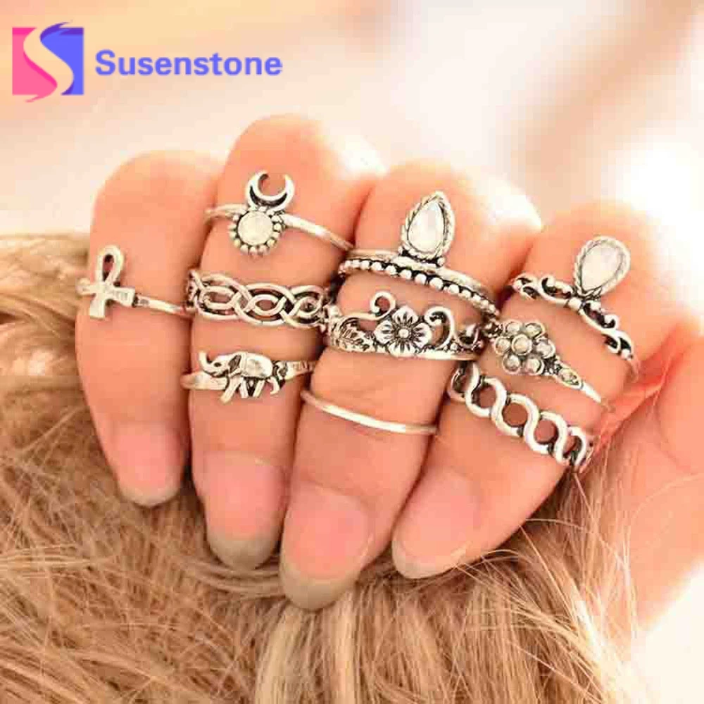 

10pc Gold Silver Flower Moon Stack Joint Ring Set for Women Boho Beach Vintage Punk Band Above Midi Knuckle Rings Gift Wholesale