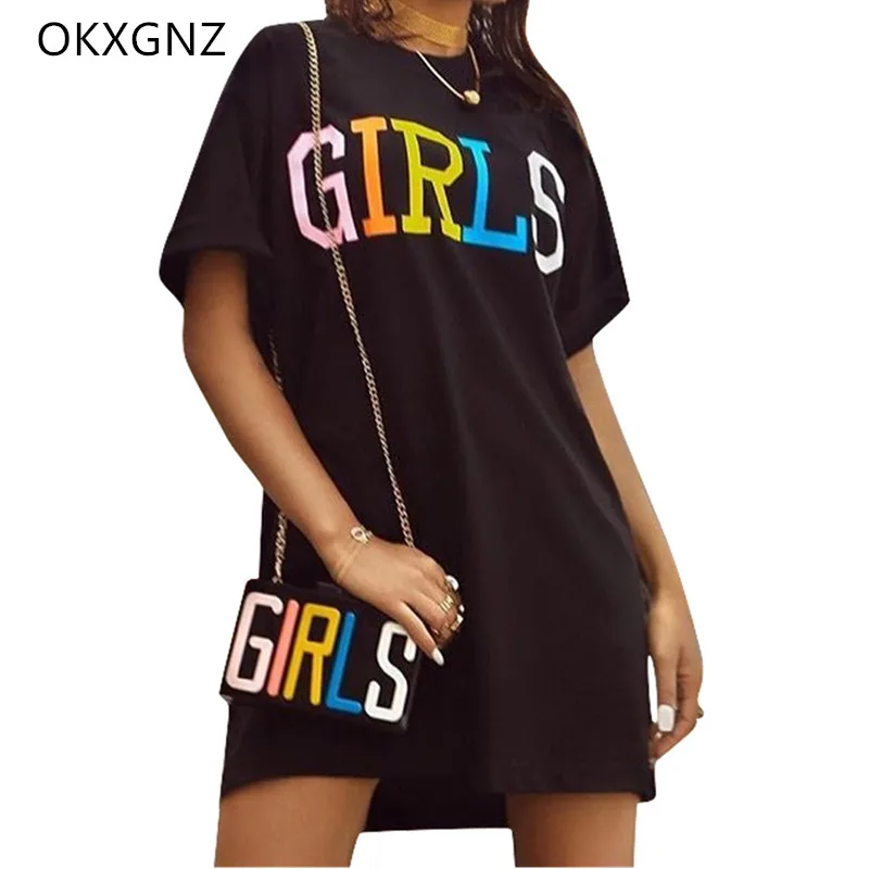 

Hot European and American women's summer cotton loose casual solid color letter printing dress short-sleeved mini dress larger