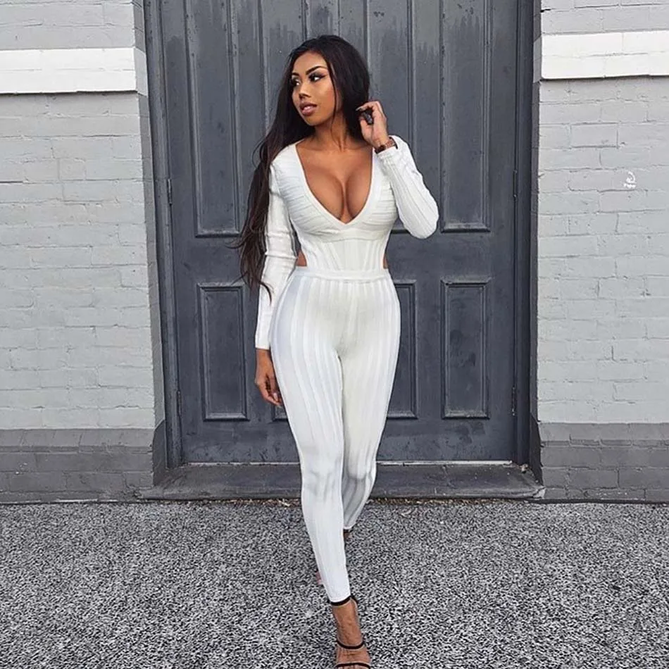 

Deep V Neck Sexy Long Sleeve Bodycon Rompers Women Jumpsuit Back Hollow Out One Piece Maxi Playsuit Skinny Full Length Jumpsuits