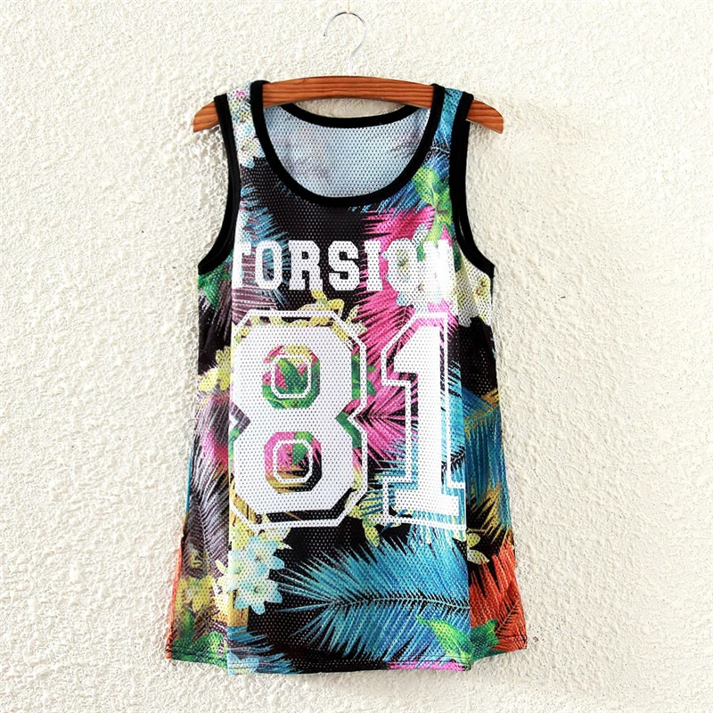 

Summer 2019 new European and American style No. 81 coconut forest style printing sports mesh sleeveless female T-shirt tide