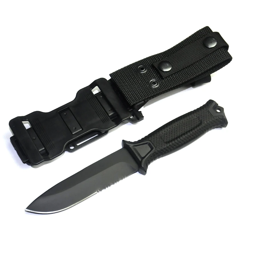 Baratos Cuchillos fijos militares negros de caza, cuchillo táctico de supervivencia con mango de goma 420J2, sierra de Camping y vaina SDIYABEIZ