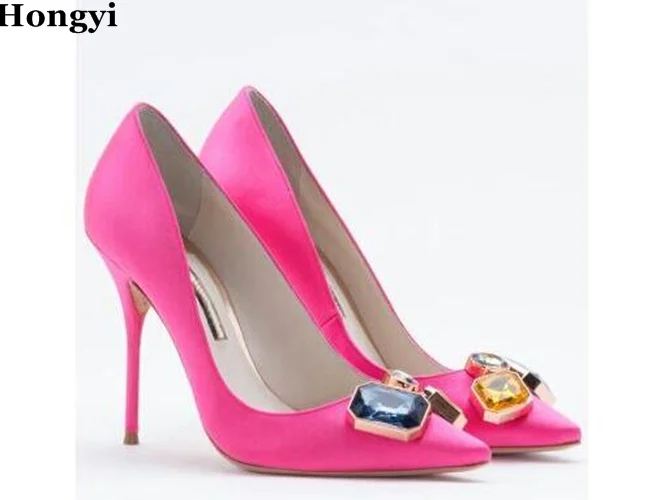 

Hongyi Hongyi hot selling rose pink pointed toe high heel shoes woman thin heels pumps candy color crystal stones stiletto heels