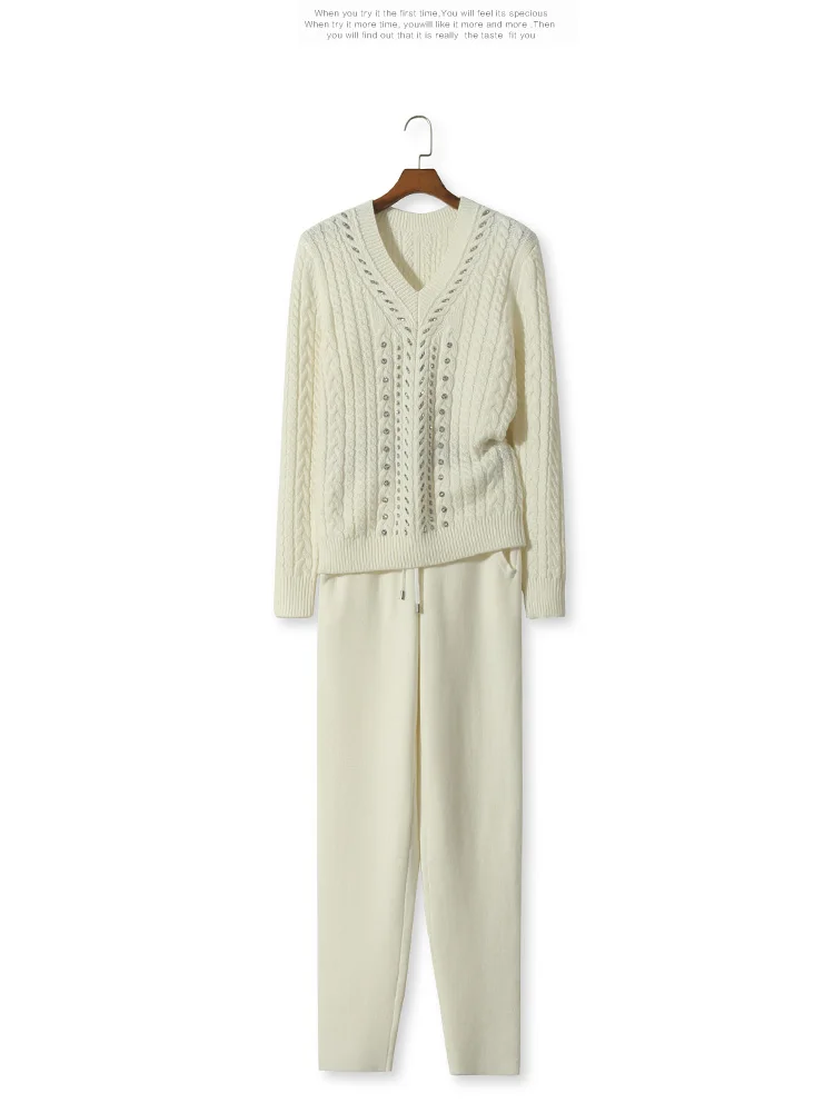 Зимний шерстяной и кашемировый бисер с бриллиантом, вязаный теплый костюм, свитер+ кашемировые брюки из норки, два предмета для отдыха wj1661 - Цвет: white