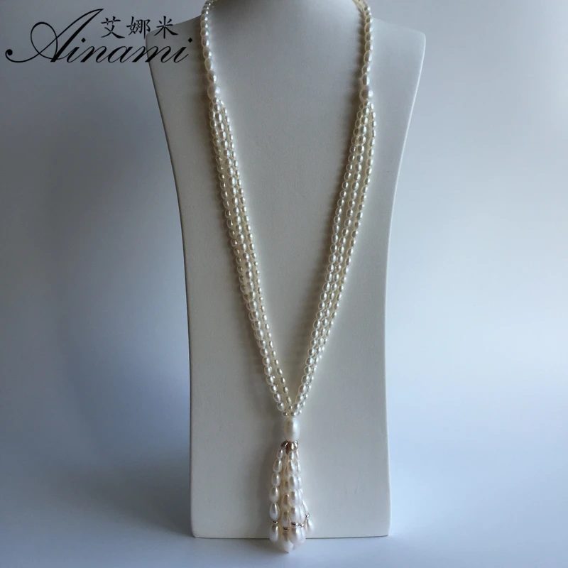 

[Ainami] new style long pearl necklace rice freshwater pearl necklace pearl sweater chain nice necklace jewelry for girl gift