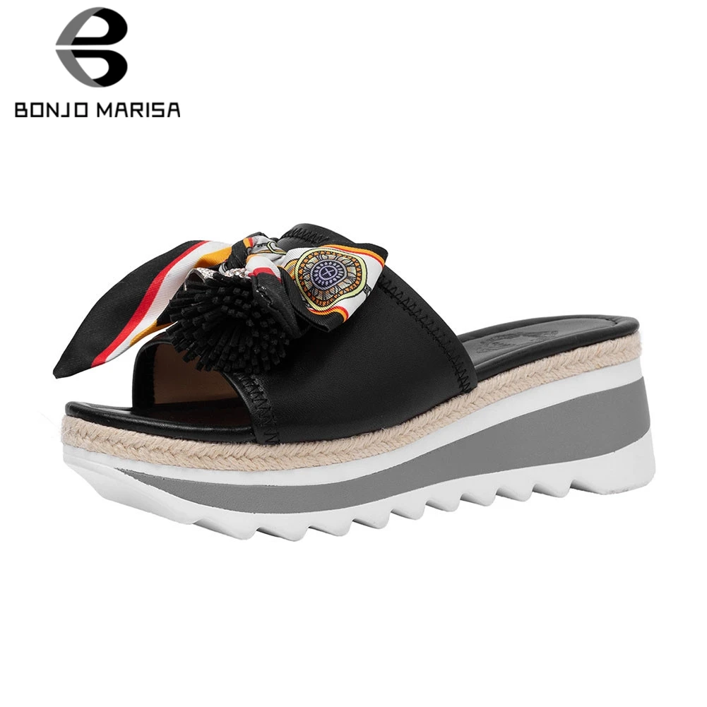 

BONJOMARISA Brand New women's Genuine Leather Ladies Wedges High Heels Bowtie Shoes Woman Casual Outside Summer Slippers